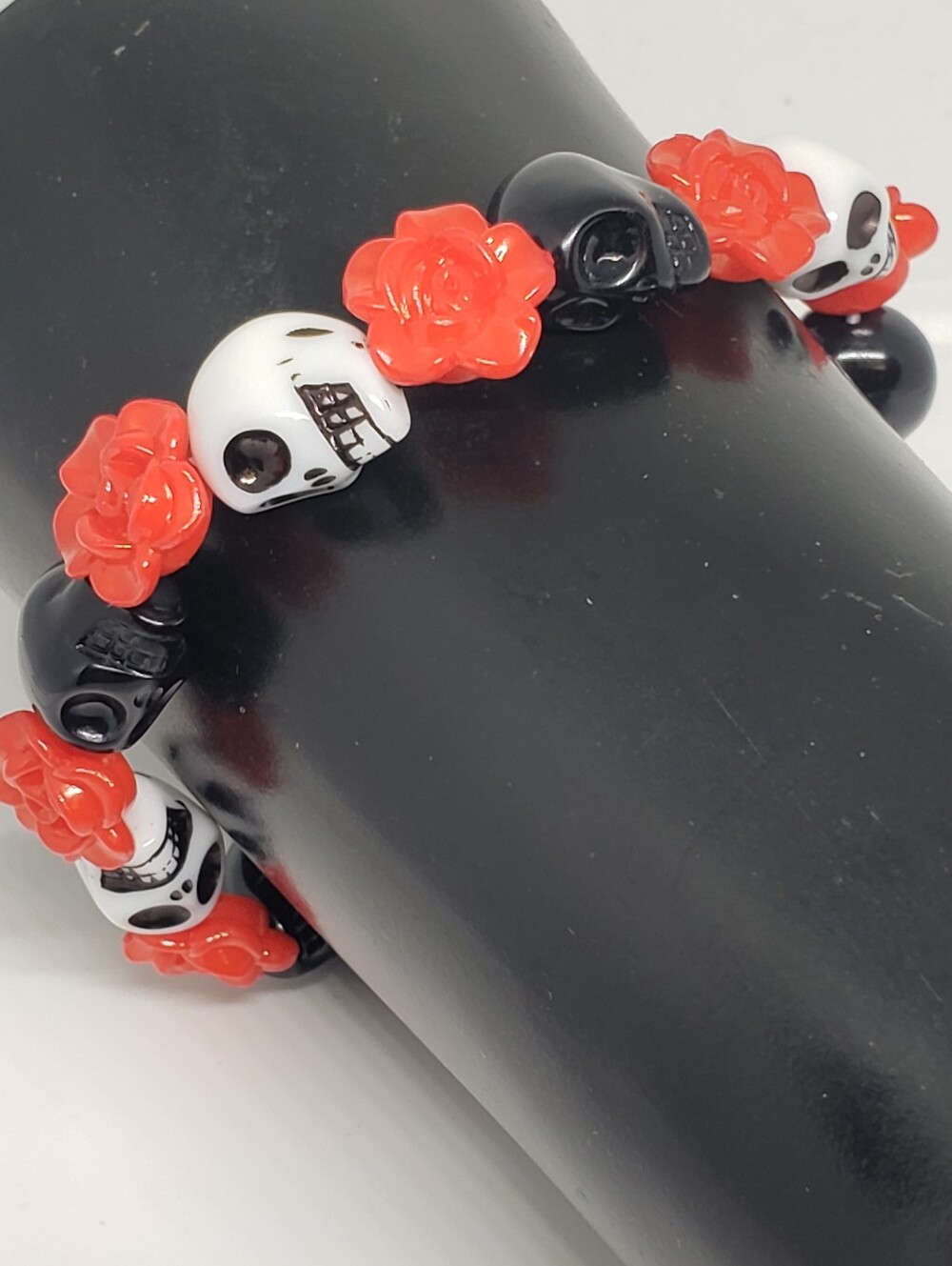 Handmade Red White Black Rose Skull kandi bracelet